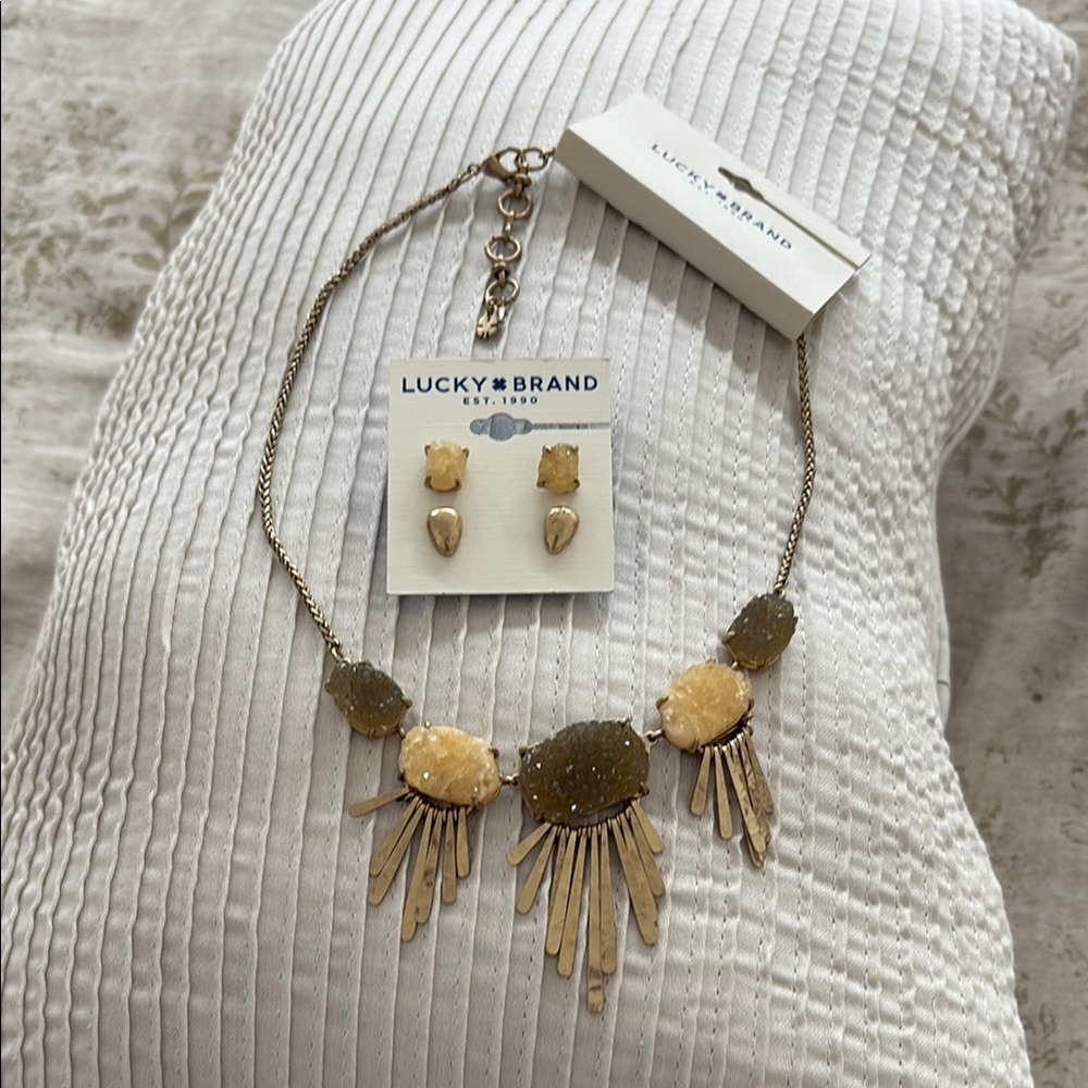Lucky Brand Gold and Tan Necklace and Earring Set